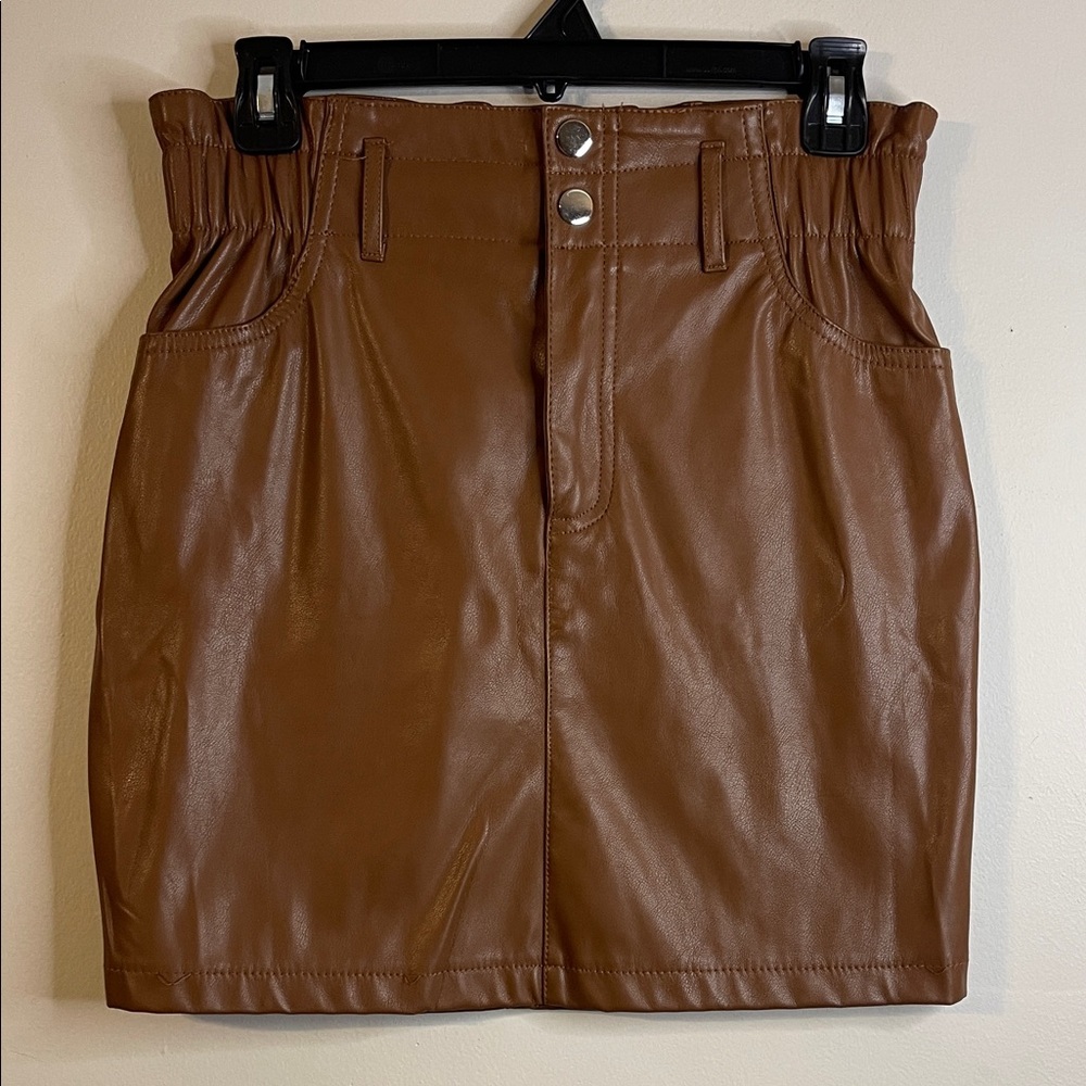 Blashe Brown Faux Leather Paperbag Mini Skirt M #343